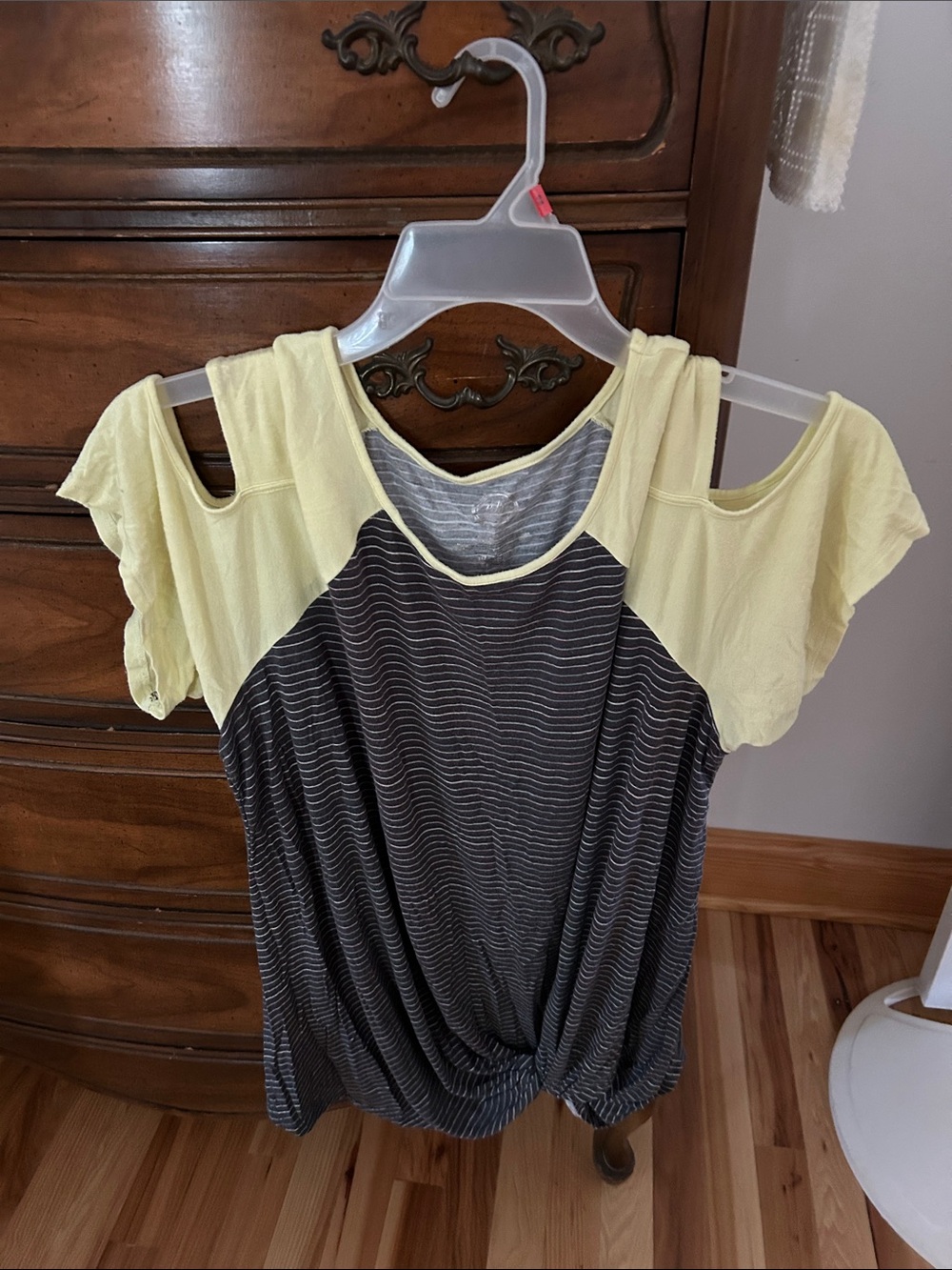 Maurices Yellow Cold-Shoulder Tee with Charcoal Striped Body and Front Twist